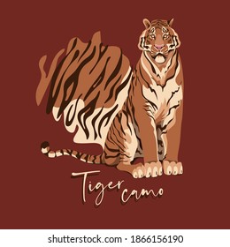 Sitting Tiger and camo skin background. Flat design. Textile composition, hand drawn style print. Vector illustration.