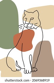 Sitting tiger on abstract background. Tiger modern art. Vector savannah wild cat. T shirt print, minimalists poster. Earth colors