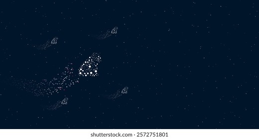 A sitting tiger symbol filled with dots flies through the stars leaving a trail behind. There are four small symbols around. Vector illustration on dark blue background with stars