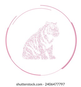 The sitting tiger symbol filled with pink dots. Pointillism style. Vector illustration on white background