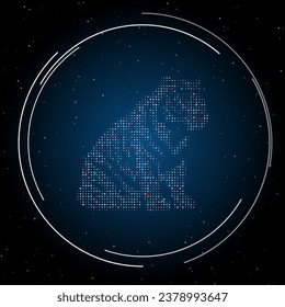 The sitting tiger symbol filled with white dots. Pointillism style. Some dots is red. Vector illustration on blue background with stars