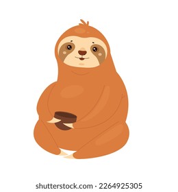 Sitting tropical sloth animal. Slow moving mammal, lazy animal vector illustration
