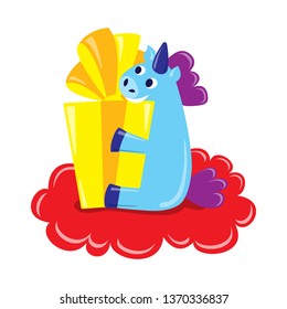 Sitting unicorn handing gift box. Flat pony with present isolated on white background.