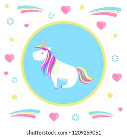 Sitting unicorn from legend, mysterious horse from fairy tales on pattern with hearts and dots. Childish animal character with rainbow mane vector