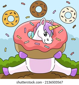 Sitting Unicorn Stuck In A Donut Colored Cartoon 