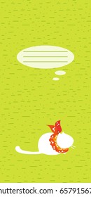 Sitting white cat in orange scarf with a thinking bubble. Notebook cover. Postcard. Vector illustration.