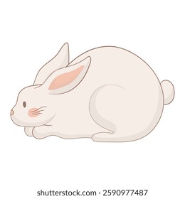 Sitting white rabbit with perked ears and round body. Calm and alert posture. Adorable fluffy pet in a resting position