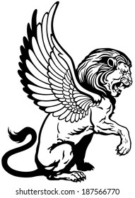 sitting winged lion, mythological creature, black and white tattoo image 