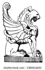 Sitting Winged Lioness was found in Casa S. Isidora in Santiago, vintage line drawing or engraving illustration.