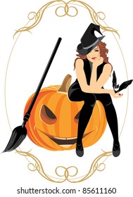 Sitting witch on the halloween pumpkin. Festive frame. Vector