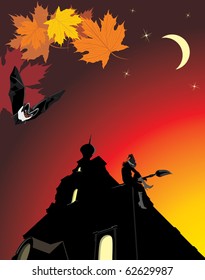 Sitting witch on the roof of castle. Halloween composition. Vector