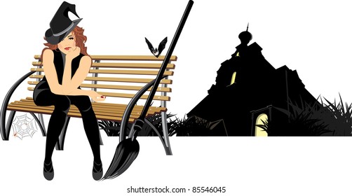 Sitting witch on the wooden bench. Halloween composition. Vector