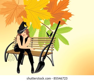 Sitting witch on the wooden bench. Halloween card. Vector