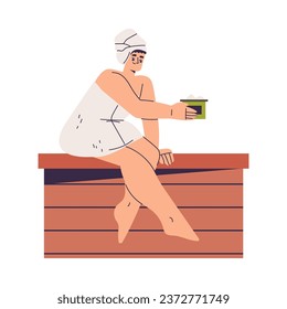 Sitting Woman Bathing in Sauna and Taking Steam Bath Vector Illustration