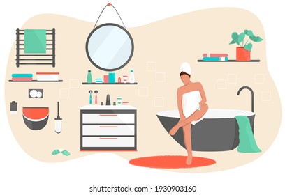 Sitting woman at bathstand after taking a bath in a cosy interior. Vector colorful illustration isolated on white background.