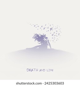 Sitting woman. Death and afterlife. Flying bird. Isolated silhouette