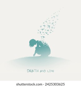 Sitting woman. Death and afterlife. Flying bird. Isolated silhouette