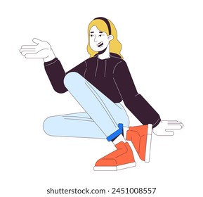 Sitting woman gesturing actively 2D linear cartoon character. Caucasian blonde female isolated line vector person white background. Suggestion gesture european girl color flat spot illustration