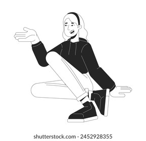 Sitting woman gesturing actively black and white 2D line cartoon character. Caucasian blonde female isolated vector outline person. Suggestion gesture girl monochromatic flat spot illustration