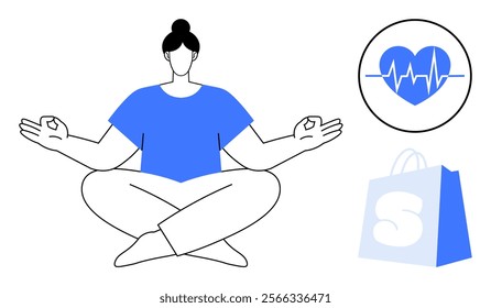 Sitting woman meditates, surrounded by a heart health symbol and a shopping bag icon. Ideal for wellness, mental health, shopping, lifestyle, and balance themes. Simple lines and blue accents create