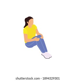 Sitting woman protester in yellow t-shirt and blue jeans isometric vector illustration