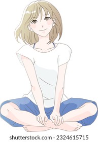 Sitting woman, relaxed wear, smiling