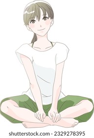 Sitting woman, relaxed wear, smiling