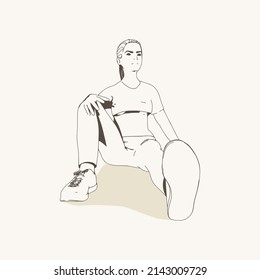 Sitting woman. Sport girl illustration. Casual sportwear - t-shirt, breeches and sneakers. Young woman wearing workout clothes. Sport fashion girl outline in urban casual style.