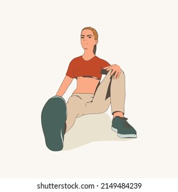 Sitting woman. Sport girl illustration. Casual sportwear - t-shirt, breeches and sneakers. Young woman wearing workout clothes. Sport fashion girl outline in urban casual style.