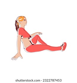 Sitting woman. Sport girl illustration. Casual sportwear - t-shirt, breeches and sneakers. Young woman wearing workout clothes. Sport fashion girl outline in urban casual style.