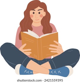 Sitting Woman Student Reading Book Character Illustration Graphic Cartoon Art