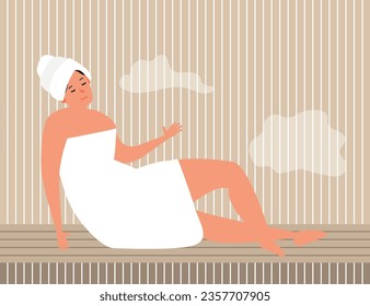 sitting woman wrapped in towel relaxing and sweating in hot sauna vector illustration 