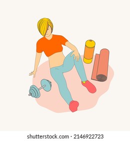 Sitting woman. Young woman wearing casual workout clothes. Sport fashion girl outline in urban casual style. Gym training and home exercising and fitness equipment. Dumbbells, yoga mat and bottle.