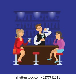 Sitting women with cocktail, barman pouring drink in glass. Bartender mixing fresh alcohol for girl. Working waiter in dark pub and relaxing friends vector