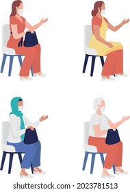 Sitting Women With Face Masks Semi Flat Color Vector Characters Set. Full Body People On White. Social Interaction Isolated Modern Cartoon Style Illustration For Graphic Design And Animation