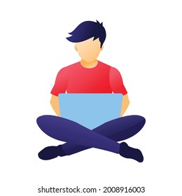 Sitting Work Man conteniendo la ilustración plana de la laptop, simple iluminación plana