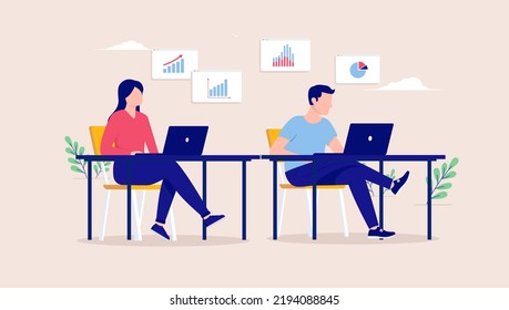 Sitting and working with data - Man and woman with laptop computers on desk doing work. Flat design vector illustration