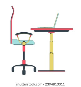 Sitting workstation laptop 2D linear cartoon object. Office chair wheels, laptop on desk isolated line vector element white background. Seating, notebook on table color flat spot illustration