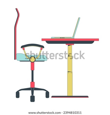 Sitting workstation laptop 2D linear cartoon object. Office chair wheels, laptop on desk isolated line vector element white background. Seating, notebook on table color flat spot illustration