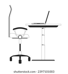 Sitting workstation laptop black and white 2D line cartoon object. Office chair wheels, laptop on desk isolated vector outline item. Seating, notebook on table monochromatic flat spot illustration