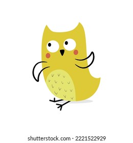 Sitting yellow owl baby. Vector drawing on a white isolated background. Illustration in flat, cartoon style.