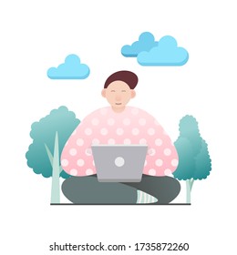 Sentado joven con portátil en un simple y moderno vector de estilo plano, personas y concepto de tecnología abstracto para su trabajo de diseño, presentación, sitio web.