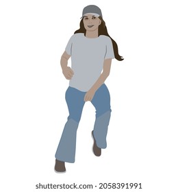 Sitting young woman or girl in casual sportive clothes. Cartoon style.