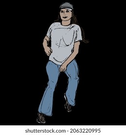 Sitting young woman or girl in casual sportive clothes. Hand drawn colorful rough sketch. On black background.