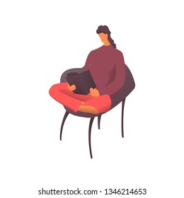 Sitting young woman reading book flat cartoon poster illustration for world book day