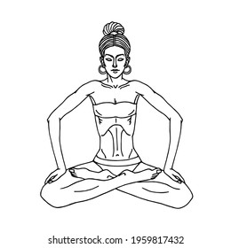 sitting young yogi girl in lotus position does belly vacuum and muscle wave, vector illustration with black ink contour lines isolated on a white background in cartoon and hand drawn style