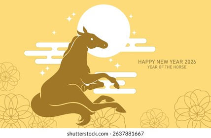  Sitting zodiac horse elegant cny card. Chinese new year of the horse 2026 greeting card with horse silhouette on moon background with auspicious clouds pattern.