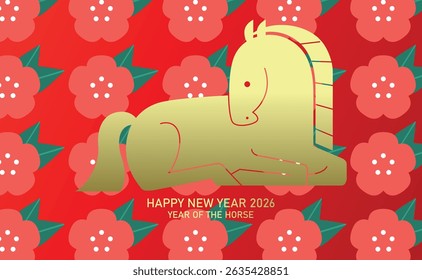 Sitting zodiac horse in minimalist style. New year of the horse 2026 greeting card with floral pattern background.