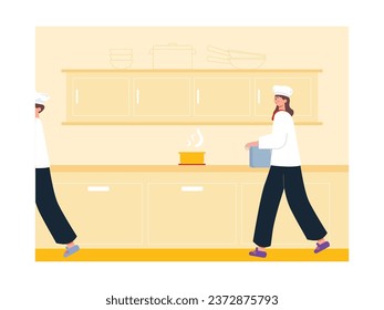 Situated in the kitchen with the chefs teamwork together to cook and serve the hotel guests for breakfast in the morning. Character design. Vector flat illustration