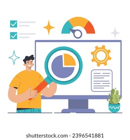 Situation Analysis concept. Man scrutinizes pie chart on monitor, gears churn, checklist in play. In-depth data dive, real-time metrics, informed decisions. Flat vector illustration